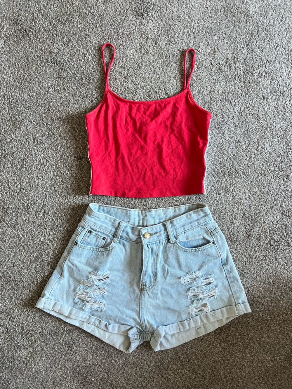 Red Cami Crop Top & Distressed Denim Shorts Summer Outfit